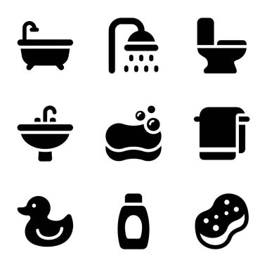 Küvet, duş, tuvalet, lavabo, sabun, havlu, plastik ördek, şampuan ve sünger gibi banyo malzemelerini temsil eden dokuz basit siyah ve beyaz vektör ikonundan oluşan bir koleksiyon..