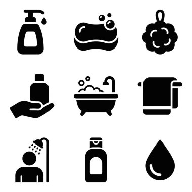 Banyo malzemelerini ve etkinliklerini temsil eden dokuz basit siyah ikondan oluşan bir koleksiyon. Sabun spreyi duş havlusu şampuanı, hijyen ve temizlik kavramları için bir su damlası..