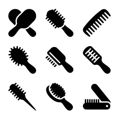 Çeşitli saç fırçaları ve tarakları tasvir eden dokuz siyah vektör ikonundan oluşan çok yönlü bir set. Güzellik, güzellik salonu ve kişisel bakım kavramları için kürek, yuvarlak ve katlama stillerini içerir.