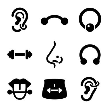 Kulak, burun, göbek ve dil gibi çeşitli vücut piercinglerini temsil eden siyah siluet simgelerinin yanı sıra halter ve yüzük gibi farklı takılar..