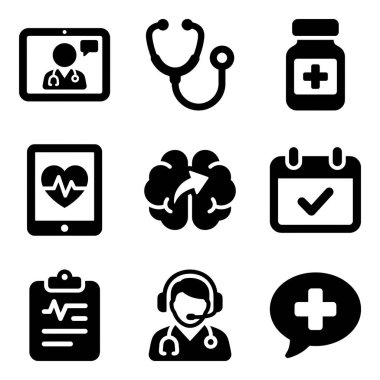 Teletıp, çevrimiçi doktor danışmanlığını, dijital sağlık kayıtlarını ve beyaz arka planda izole edilmiş tıbbi destek sembollerini temsil eden siyah ve somut simgelerden oluşan bir koleksiyon..
