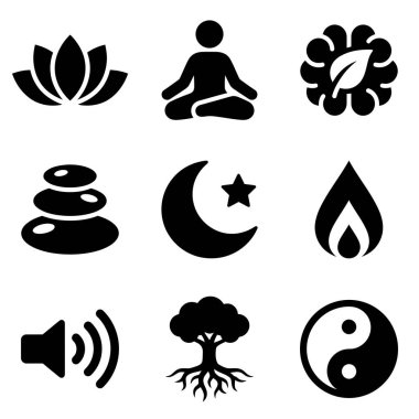 Yoga, zen, doğa, nilüfer, yin-yang ve meditasyon sembolleri de dahil olmak üzere dokuz adet siyah ve beyaz simge içeren bir koleksiyon..