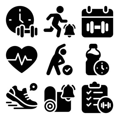 Spor programları, kalp atış hızı monitörleri ve hidrasyon hatırlatıcıları da dahil olmak üzere spor, egzersiz ve sağlıklı bir yaşam tarzını temsil eden koyu siyah simgelerden oluşan bir derleme..