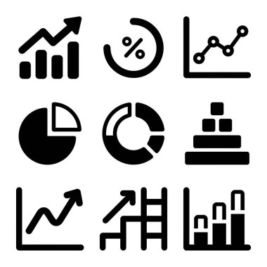 Çubuk grafikler, pasta grafikleri, çizgi grafikleri ve ilerleme göstergeleri de dahil olmak üzere çeşitli iş analitik grafiklerini temsil eden dokuz basit simge koleksiyonu..