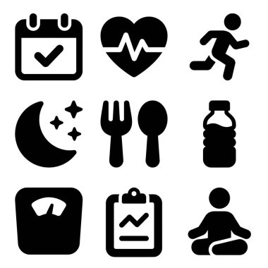 Spor, diyet, uyku, hidrasyon, meditasyon ve sağlık izleme de dahil olmak üzere sağlıklı bir hayatın kilit yönlerini temsil eden dokuz basit simge derlemesi..