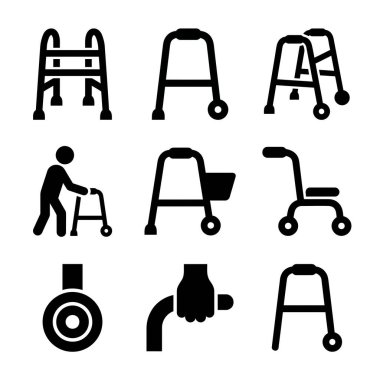 Yaşlılar, hastalar ve beyaz arka plandaki engelliler için çeşitli yürüteçler, yuvarlananlar ve hareket yardımlarını temsil eden siyah siluet simgelerinden oluşan bir koleksiyon..