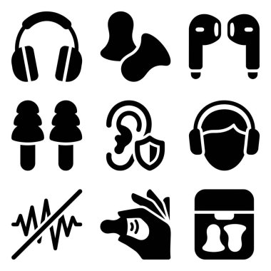 İşitme ve kişisel işitme güvenliğiyle ilgili siyah beyaz simgelerden oluşan bir derleme. Sette kulaklıklar, çeşitli kulak tıkaçları, kablosuz kulaklıklar, gürültü kesme sembolleri ve kulak koruma grafikleri yer alıyor..