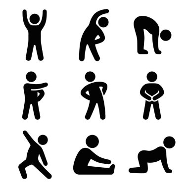 Bir insan figürünü farklı ısınma, esneme ve egzersiz pozisyonlarında tasvir eden basit siyah piktogramlar koleksiyonu. Sağlık ve zindelik kavramları için beyaz bir arkaplanda izole edilmiş.