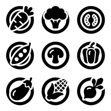 Beyaz arka planda izole edilmiş dokuz basit ve cesur sebze ikonu. Havuç, brokoli, domates, bezelye, mantar, biber, patlıcan, mısır ve pancarı dairesel biçimde içerir.