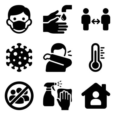 Yüz maskeleri, el yıkama, sosyal mesafeler ve evde kalma dahil olmak üzere COVID-19 güvenlik protokollerini temsil eden siyah simgelerden oluşan bir derleme..