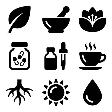 Yaprak, kök, kapsül ve sağlık kavramları için çay da dahil olmak üzere bitkiselliği, naturopatiyi ve alternatif tıbbı temsil eden siyah kabartma simgelerinin bir derlemesi..