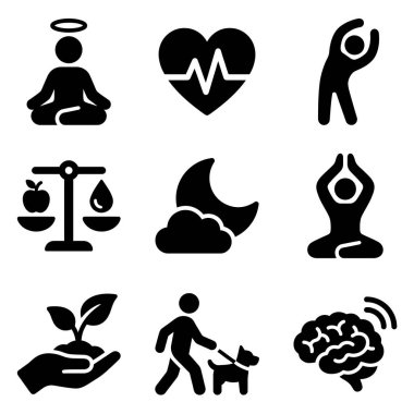 Meditasyon, egzersiz, dengeli diyet, uyku, yoga, doğa, hayvan bakımı ve zihinsel sağlık kavramları da dahil olmak üzere sağlıklı bir yaşam tarzı için bir sembol koleksiyonu..
