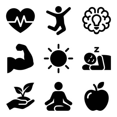 Kalp sağlığı, egzersiz, zihinsel berraklık, güç, uyku, beslenme ve meditasyon gibi sağlıklı bir yaşam için semboller içeren ikon seti. Refah için basit semboller.