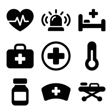 Kalp atışı, siren, hastane yatağı, ilk yardım çantası ve web ve mobil uygulamalar için termometre içeren dokuz temel tıbbi ve acil servis vektör simgesi koleksiyonu.