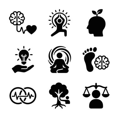 Yoga, meditasyon, akıl sağlığı, denge, büyüme ve beyaz bir arka planda zihin vücut bağlantısı gibi kavramları temsil eden dokuz katı siyah ikondan oluşan bir koleksiyon..