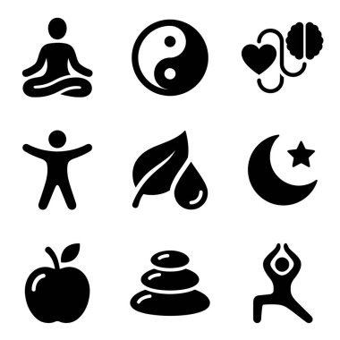 Yoga, meditasyon, denge, doğa ve sağlıklı yaşam gibi kavramları temsil eden dokuz basit simge sembolü koleksiyonu..