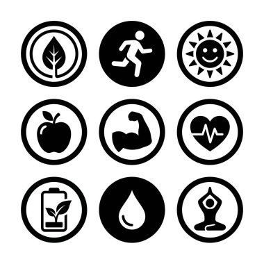 Sağlıklı bir yaşam tarzını temsil eden dokuz dairesel simge seti. Koşu, beslenme, güç, susuzluk, yoga ve genel olarak refah. Vektör grafik simgeleri.