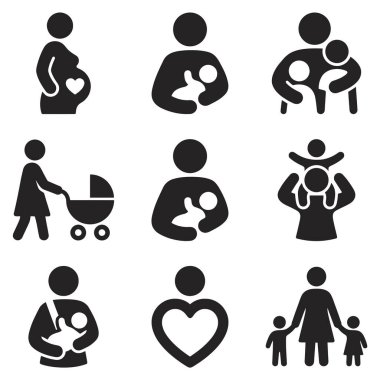 Hamilelik, emzirme, aile aktiviteleri ve çocuk bakımı gibi anneliğin çeşitli evrelerini gösteren dokuz basit siluet simgesi..