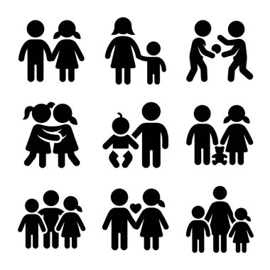 Aile resimlerinin vektör grafik seti. Ebeveynler, çocuklar, bebekler, birbirine aşık çiftler ve sarılan arkadaşlar ikonları içerir. Beyaz bir arkaplanda izole edilmiş.