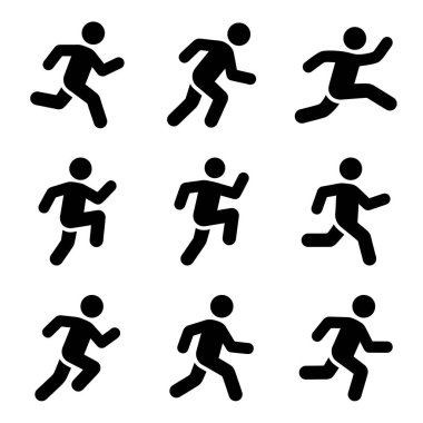 Koşan bir insanı tasvir eden dokuz basit siyah siluet simgesi koleksiyonu. Her bir resim, koşma hareketinin farklı bir aşamasını gösteriyor. Hız, zindelik ve aktiviteyi temsil ediyor..