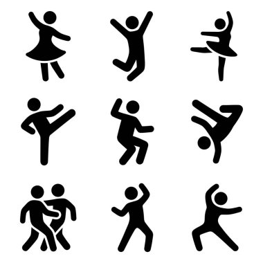 Çeşitli dinamik dans ve hareketlerdeki figürleri tasvir eden dokuz basit siyah siluet simgesi koleksiyonu, bale, break dans ve neşe içinde zıplama gibi pozlar..