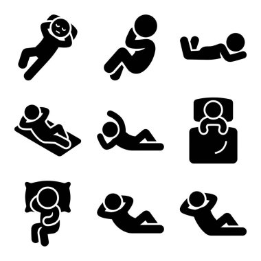 İnsanları farklı dinlenme, rahatlama ve uyku pozisyonlarında tasvir eden dokuz basit simge koleksiyonu. Yatakta, paspasın üzerinde uzanan figürleri içerir..