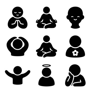 Meditasyon, dua, neşe ve tefekkür pozlarında insan figürlerini tasvir eden dokuz adet siyah beyaz simge. Refah ve farkındalık için basit semboller.