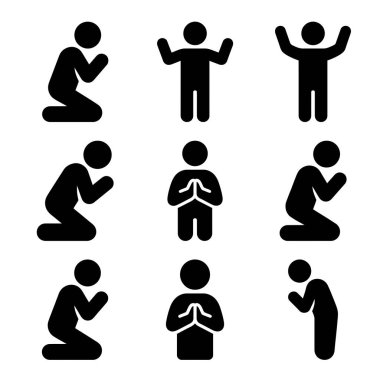 Diz çökmek, el ele tutuşmak ve silah kaldırmak gibi dua ve ibadetin farklı poziyonlarında insan figürlerini gösteren dokuz basit siyah resim derlemesi..