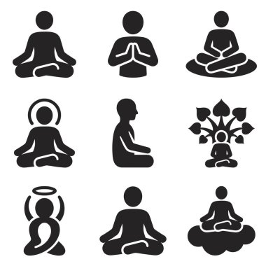 Meditasyon, yoga pozları ve aydınlanma, haleler ve huzur için Bodhi ağacı gibi ruhani kavramları temsil eden siyah siluet simgelerinden oluşan bir koleksiyon..