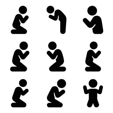 Diz çökmek, eğilmek ve dini veya manevi kavramları övmek de dahil olmak üzere çeşitli ibadet ve ibadet pozlarını gösteren beyaz bir zemin üzerinde dokuz adet siyah resim..