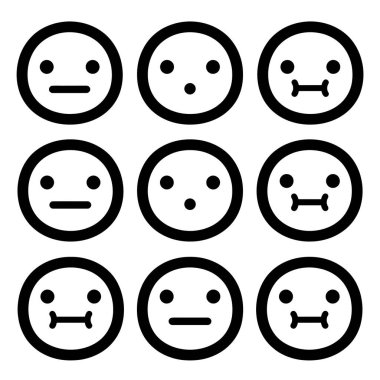 Dokuz basit karakterin monokrom vektör çizimi. Simgeler, göz ve ağızlar için temel geometrik şekiller içeriyor, bir dizi nötr ve ince duyguları iletiyor..