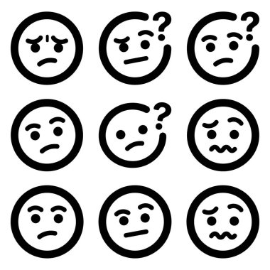 Üzüntü, kafa karışıklığı, endişe, şüphe ve endişe gibi olumsuz duyguları gösteren dokuz basit siyah çizgi sanat simgesi koleksiyonu. Beyaz arkaplanda izole vektör simgesi ayarlandı.