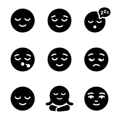 Uyku, uykusuzluk, meditasyon ve sakin ifadeleri temsil eden siyah emoji ve simgelerden oluşan bir koleksiyon. Web ve uygulama tasarımı için basit vektör grafik sembolleri.