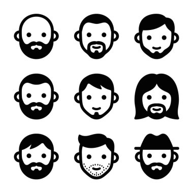 Çeşitli erkek yüzlerini tasvir eden dokuz adet minimalist siyah çizgi sanat simgesi. Sette farklı saç stilleri, sakallar, bıyıklar ve şapka takan bir adam var..