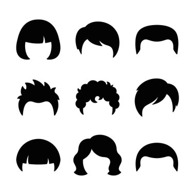 Dokuz farklı erkek ve kadın saç stili siluet. İçinde Bob, kıvırcık, dikenli ve klasik stiller gibi çeşitli kesikler var. Beyaz arkaplanda izole edilmiş basit siyah simgeler.