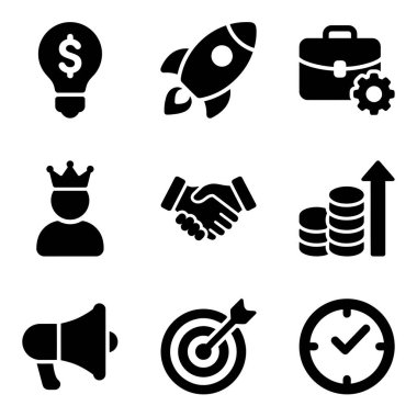 İş ve finans için dokuz basit simge koleksiyonu. Fikirler, başlatma, yönetim, liderlik, ortaklık, büyüme, pazarlama, hedefler ve zaman sembollerini içerir.