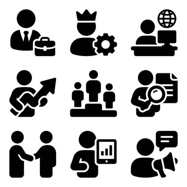 Beyaz arka planda liderlik, takım çalışması, büyüme, analiz ve iletişim gibi iş kavramlarını temsil eden dokuz siyah vektör ikonundan oluşan bir koleksiyon..
