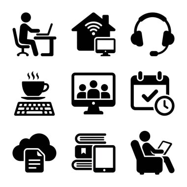 Modern dijital yaşam için dokuz siyah siluet simgesi koleksiyonu. Uzaktan çalışma, video toplantıları, e-öğrenme, bulut hesaplama ve çevrimiçi iletişim de dahil..