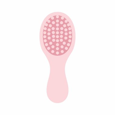 Pembe bir saç fırçasının basit ve şirin düz bir çizimi. Bu simge kişisel bakım, güzellik, saç bakımı ve hijyen ürünlerini temsil ediyor. Beyaz bir arkaplanda izole edilmiş.