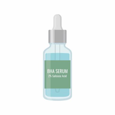 2 salisilik asit içeren BHA serum şişesinin vektör çizimi. Bu cilt bakım ürünleri deri dökülmesi ve akne tedavisinde kullanılır, cam damlası şişesinde gösterilir..
