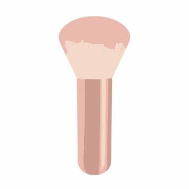 Kozmetik fırçasının izole edilmiş bir ikonu. Bu güzellik aletinde şeftali pembesi tonunda yumuşak, yuvarlak tüyler ve parlak, parlak bir gül sarısı sapı var..
