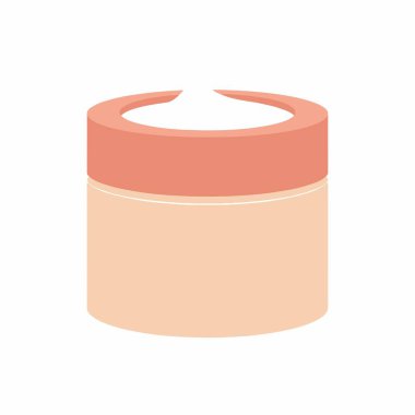 Açık kozmetik krem kavanozunun basit düz bir çizimi. Konteynır mercan kapaklı bej, içindeki beyaz ürünü gösteriyor. Güzellik ve cilt konseptleri için ideal.