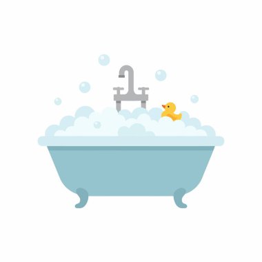 Sabunlu köpük ve köpüklerle dolu açık mavi bir pençe küvetinin çekici bir temsili. Üzerinde sevimli sarı bir lastik ördek yüzüyor. Beyaz bir arkaplanda izole edilmiş.