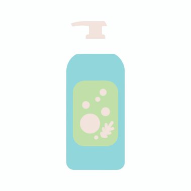 Açık mavi bir pompa şişesinin basit, düz bir tasarım çizimi. Şişenin soyut kabarcık şekilli yeşil bir etiketi var ve beyaz bir arka planda izole edilmiş. Hijyen ya da güzellik kavramları için ideal..