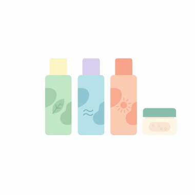 Üç şişe cilt bakımı ürünü ve yumuşak pastel renkli bir krema kavanozu. Düz vektör çizimi beyaz arkaplanda izole edildi.