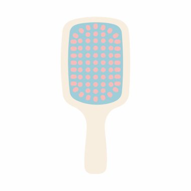 Krem saplı, açık mavi tabanlı ve pembe tüylü bir saç fırçasının düz tasarımı. Bu basit simge saç bakımını, güzelliğini ve kişisel bakımını temsil ediyor..