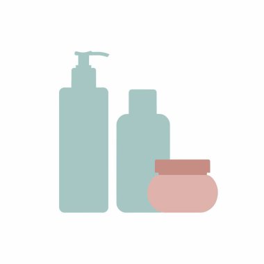 Düz bir cilt tasarımı grafiği. Açık mavi bir pompa şişesi, ikinci bir şişe ve pembe bir krema kavanozu var. Güzellik ve kozmetik kavramları için beyaz bir arkaplanda izole edilmiş.