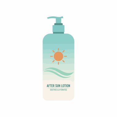 Güneş losyonundan sonra şişede pompa bulunan bir deniz mavisi tasarımı çizimi. Etikette, beyaz bir arkaplanda izole edilmiş biçimlendirilmiş güneş ve dalga grafiği yer alıyor..