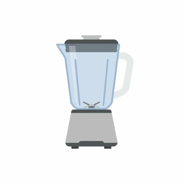 Elektrikli mutfak mikserinin düz dizayn vektör simgesi. Smoothie yapmak ve yemekleri karıştırmak için kullanılan ev aletleri temiz beyaz arka planda izole edilmiş olarak gösterilir..
