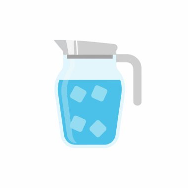 Beyaz arka planda izole edilmiş, ferahlatıcı mavi su ve yüzen buz küpleriyle dolu, berrak bir cam sürahinin düz vektör çizimi. Susuzluk ve içecekler için basit bir simge.